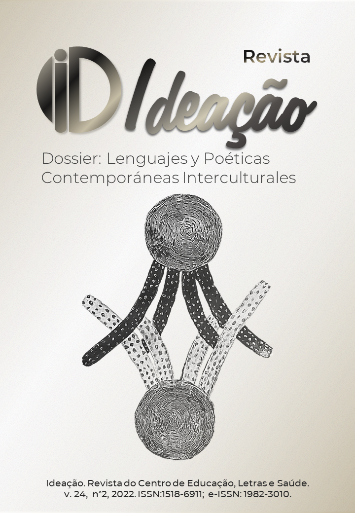 Ilustração da capa da Edição volume 24 número 2 de 2022, apresenta a logo da Revista Ideação acima e o título "Linguagens e Poéticas Contemporâneas Interculturais", logo abaixo temos a ilustração Pirambola do artista Luis Napoli.